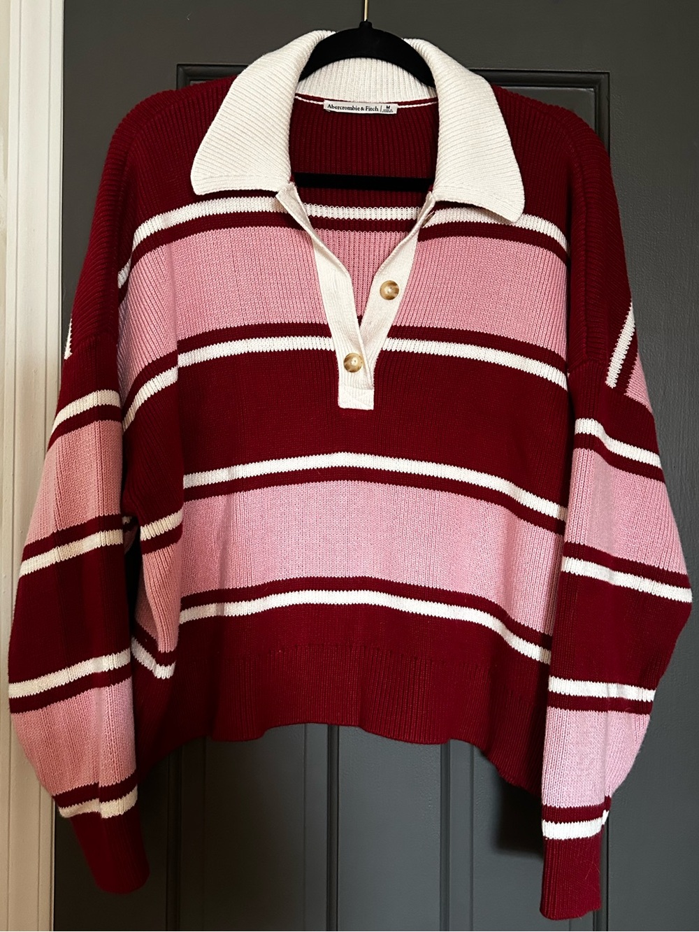 Abercrombie & Fitch Pink and Burgundy Striped V-Neck Polo Sweater